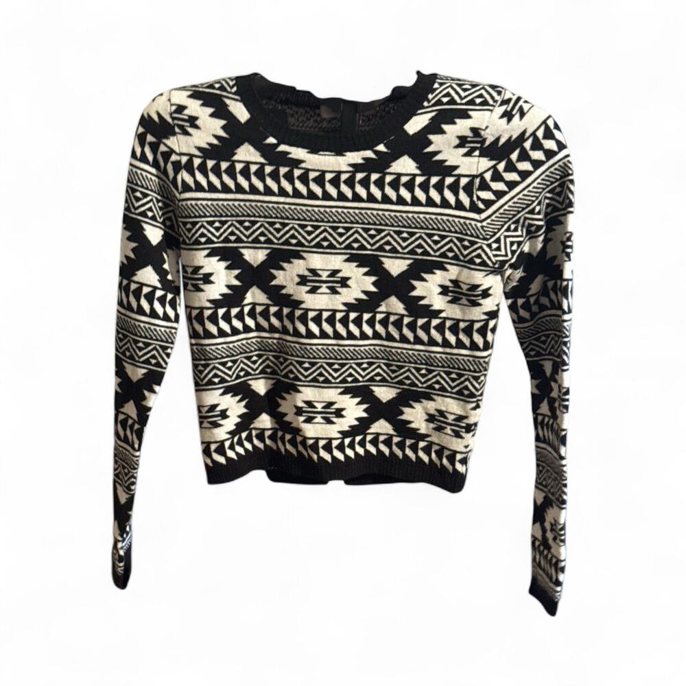 August Silk Sweater Black White Long Sleeve Crew Neck Sweater Size Small